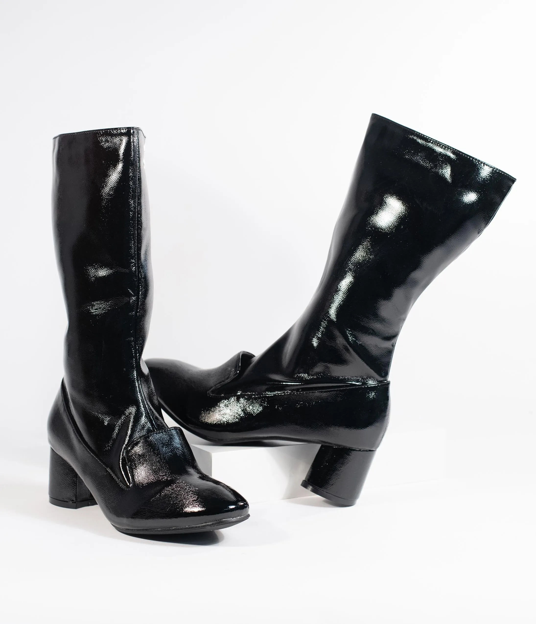 1960s Style Black Patent Leatherette Block Heel Modernist Boots