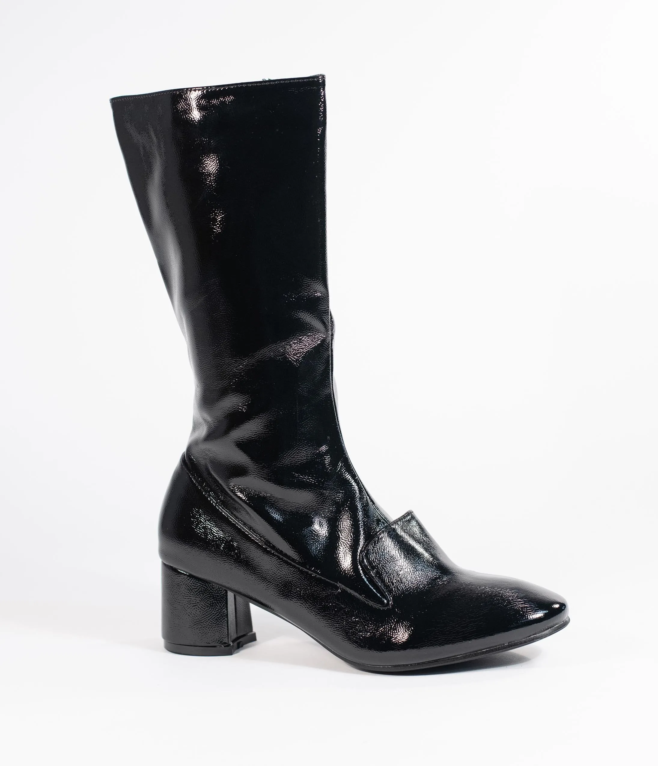 1960s Style Black Patent Leatherette Block Heel Modernist Boots