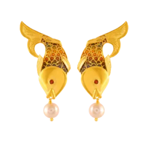 22k Gold Earrings In Fish Shape Adorned With A Pearl