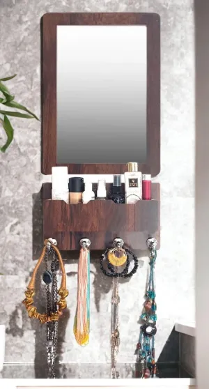 Aquatic Craft Wooden Wall Mounted Dressing Mirror with Accessories Shelf Beautiful Ball Hook for Hanging Items