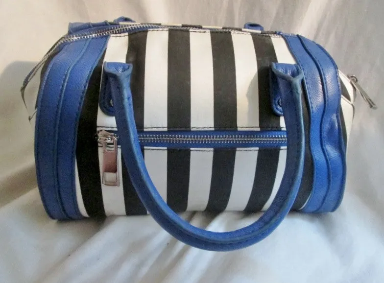 AVON Vegan Mini Duffle Purse Satchel Handbag Gym Bag BLACK WHITE BLUE Stripe