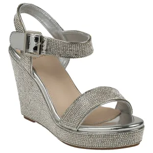 Betty Silver Embellished Slingback Wedge Sandals