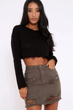 Black Distressed Cropped Jumper - Porta