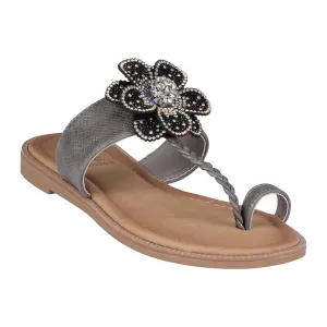 Blossom Black Embellished Flower Toe Ring Flat Sandals