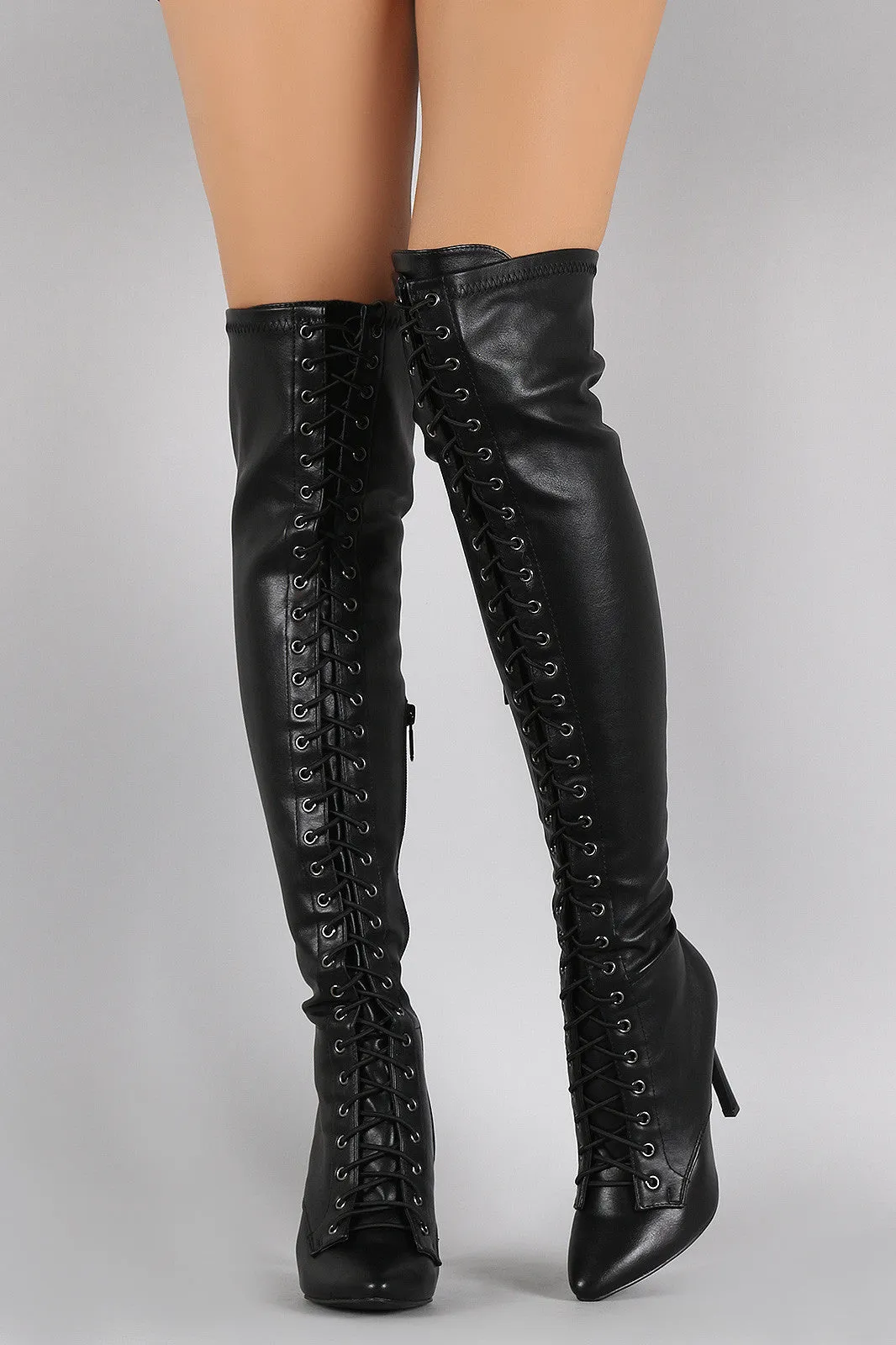 Breckelle Lace Up Over the Knee Pointy Toe Stiletto Boots