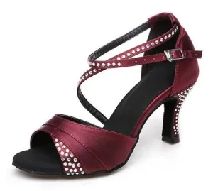 Burgundy Satin Diamante Ballroom Dance Shoes Latin Salsa Dancing Shoes