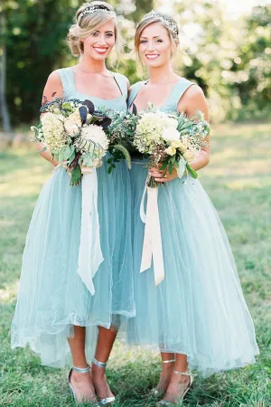 Chic Straps Hi-Lo Asymmetrical Mint Green Tulle Bridesmaid Dresses UQB0008