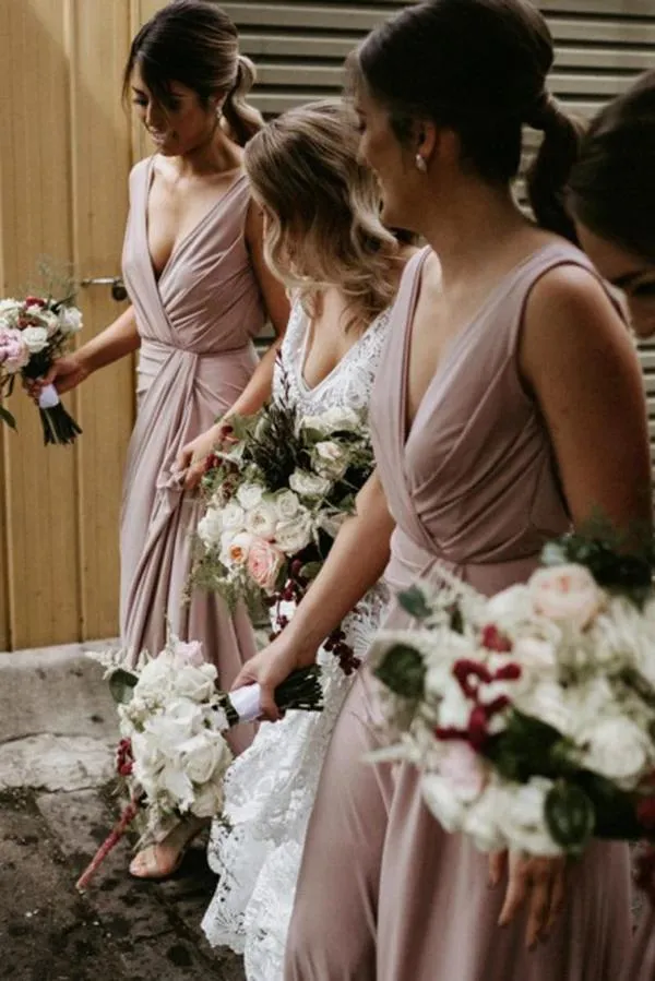 Chic V Neck Sleeveless Long Bridesmaid Dresses, Simple Floor Length Bridesmaid Dress UQ2513