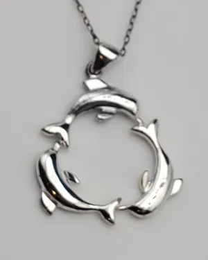 Dolphins Sterling Silver Hoop Pendant on Sterling Silver Chain Necklace - 18.5"