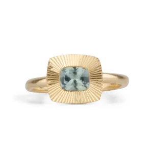 East-West Cushion Aurora Ring 14KY with Light Teal Montana Sapphire