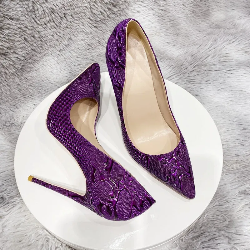 Embossed Crocodile Effect Pointy Toe Stiletto Pumps