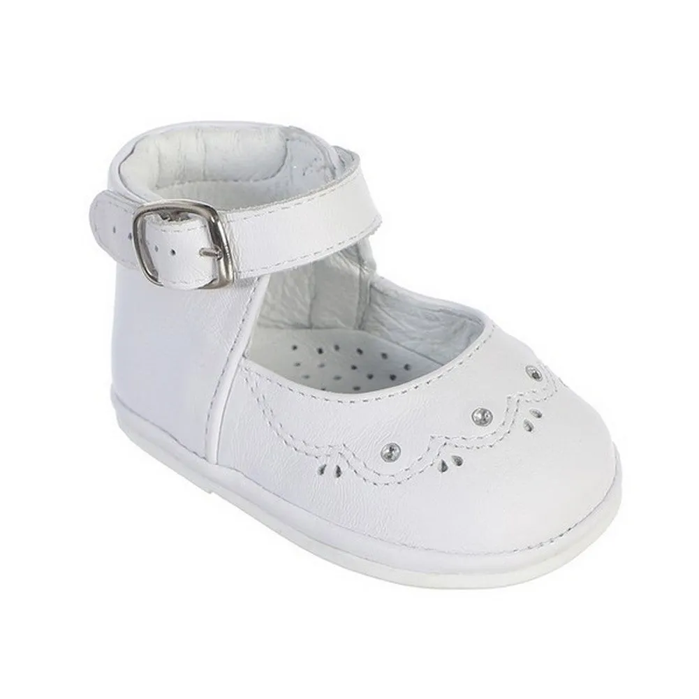 Girls White Stitch Scallop Detail Ankle Strap Baptism Dress Shoes 1-4 Baby