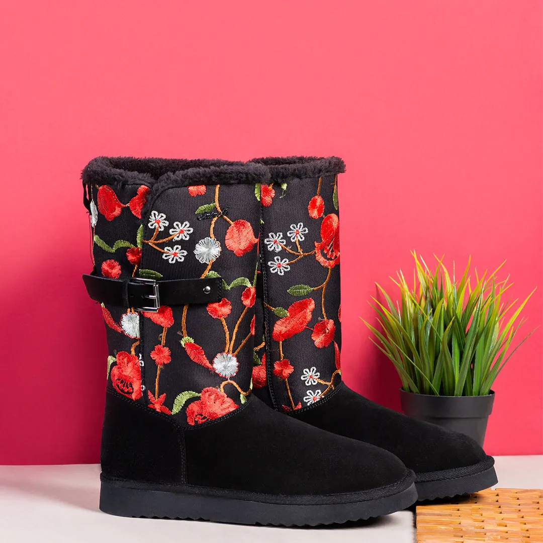 Gloire Buckle Décor Floral Embroidery Snug Boots