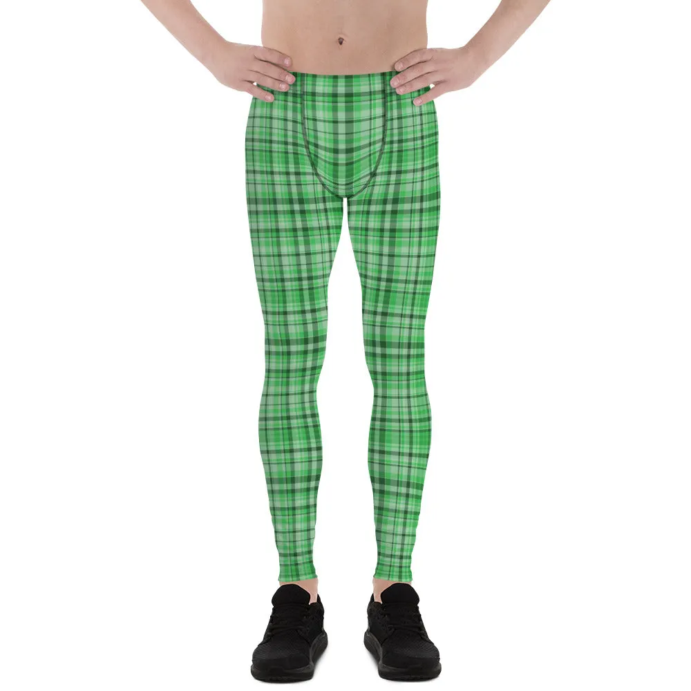 Green Plaid Print Best Meggings, Light Green Tartan Print Men's Running Leggings Run Tights Activewear