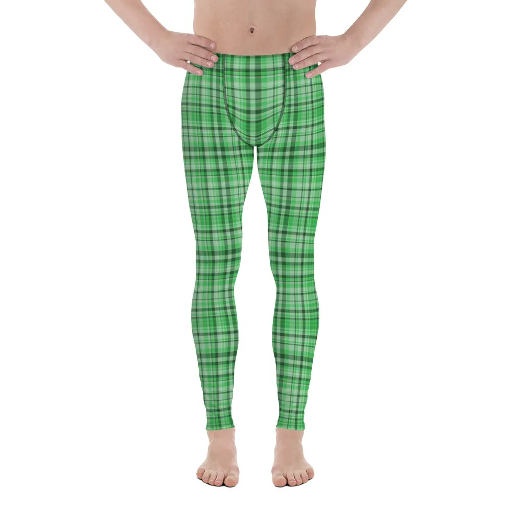 Green Plaid Print Best Meggings, Light Green Tartan Print Men's Running Leggings Run Tights Activewear