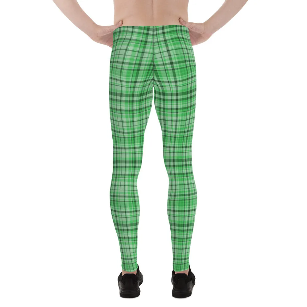 Green Plaid Print Best Meggings, Light Green Tartan Print Men's Running Leggings Run Tights Activewear