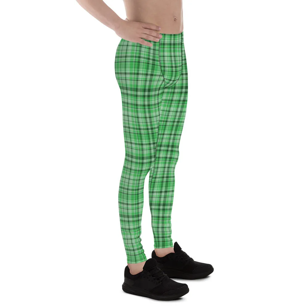 Green Plaid Print Best Meggings, Light Green Tartan Print Men's Running Leggings Run Tights Activewear