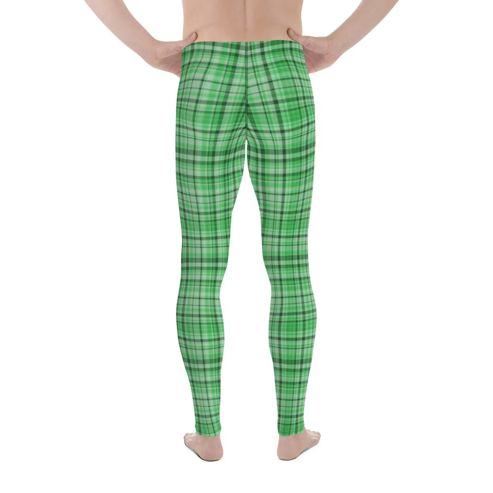 Green Plaid Print Best Meggings, Light Green Tartan Print Men's Running Leggings Run Tights Activewear