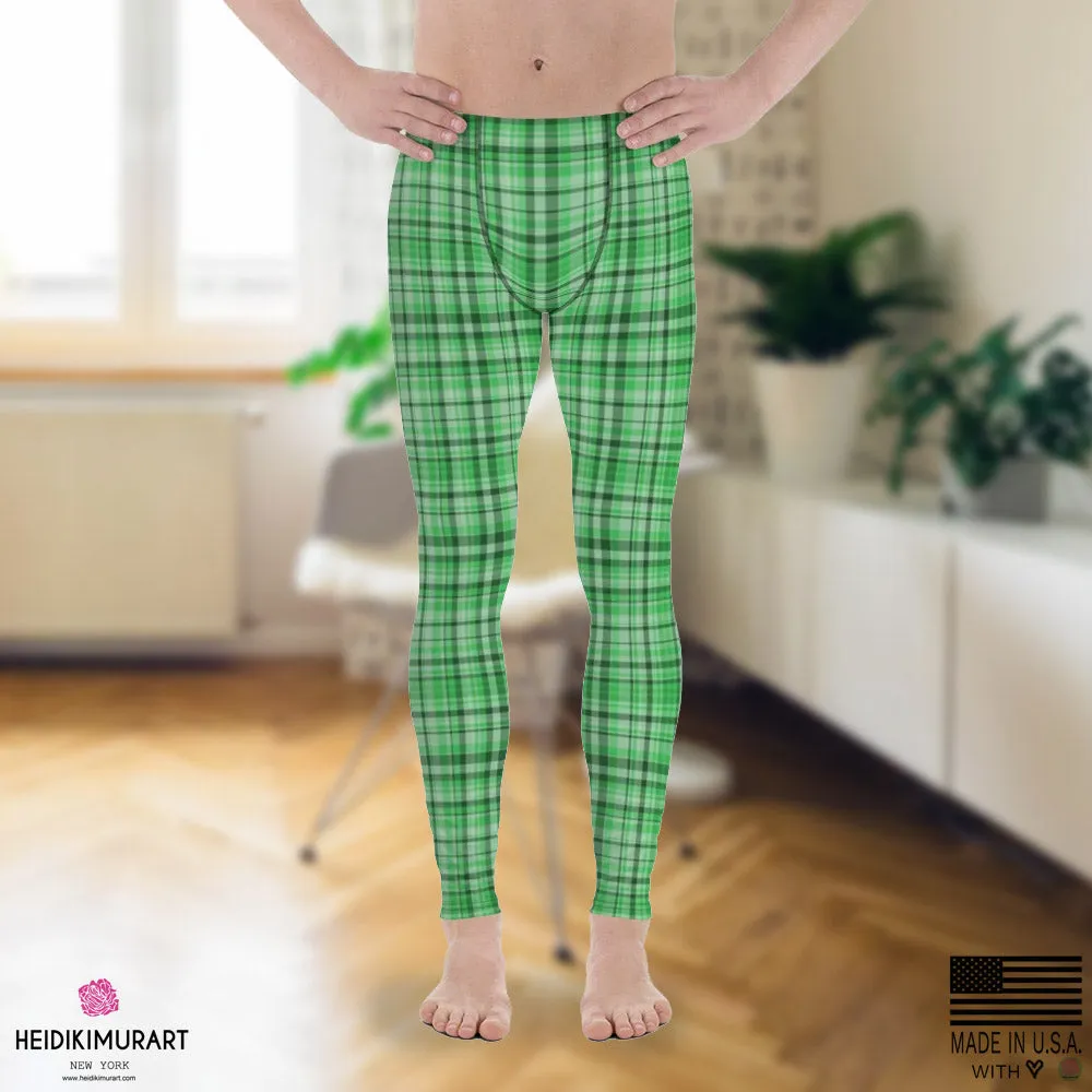 Green Plaid Print Best Meggings, Light Green Tartan Print Men's Running Leggings Run Tights Activewear