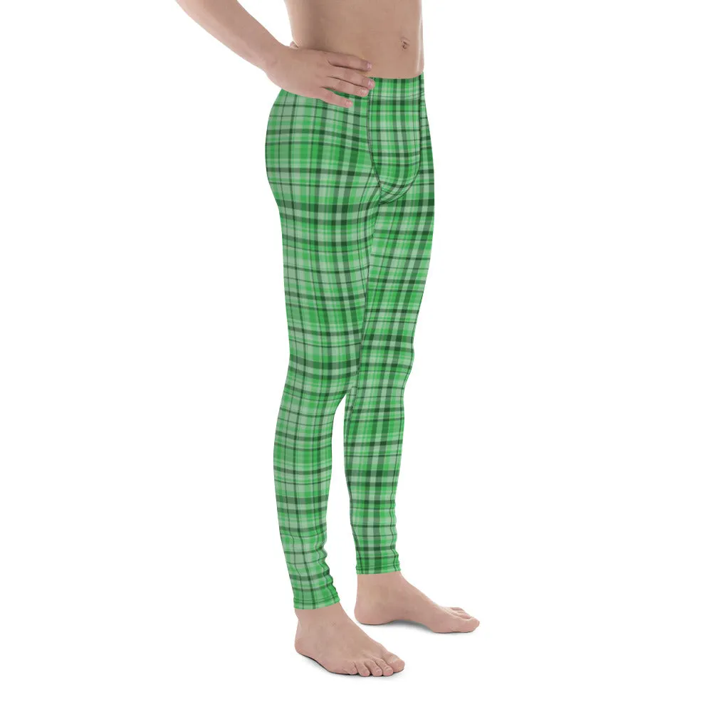 Green Plaid Print Best Meggings, Light Green Tartan Print Men's Running Leggings Run Tights Activewear