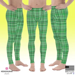 Green Plaid Print Best Meggings, Light Green Tartan Print Men's Running Leggings Run Tights Activewear