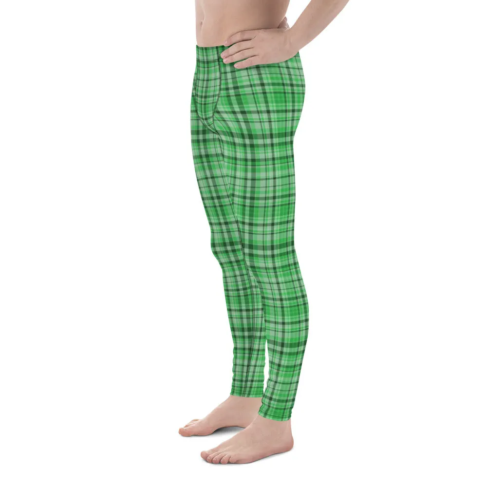 Green Plaid Print Best Meggings, Light Green Tartan Print Men's Running Leggings Run Tights Activewear