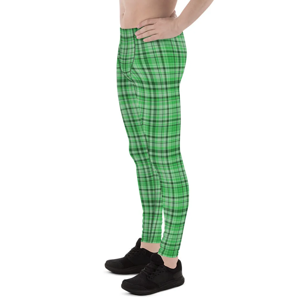 Green Plaid Print Best Meggings, Light Green Tartan Print Men's Running Leggings Run Tights Activewear