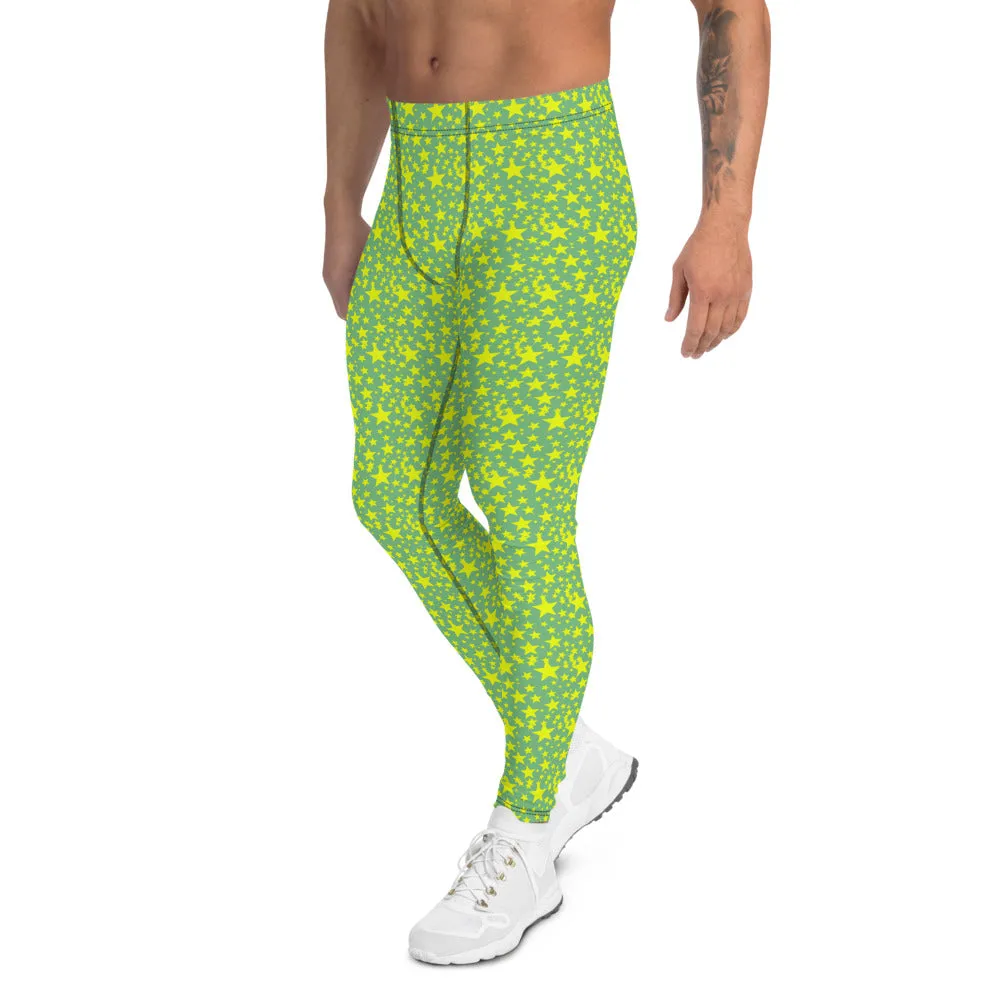 Green Yellow Stars Meggings, Pastel Fun Starry Night Men's Leggings Run Tights-Made in USA/EU