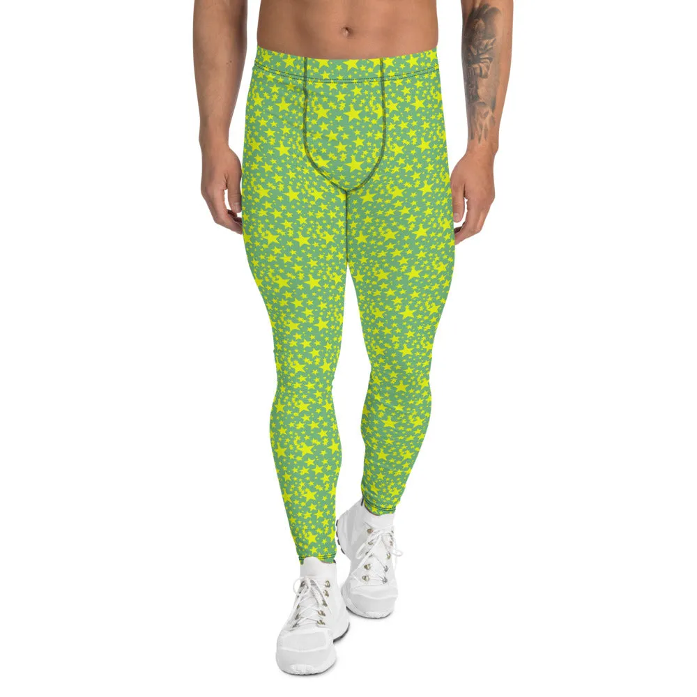 Green Yellow Stars Meggings, Pastel Fun Starry Night Men's Leggings Run Tights-Made in USA/EU