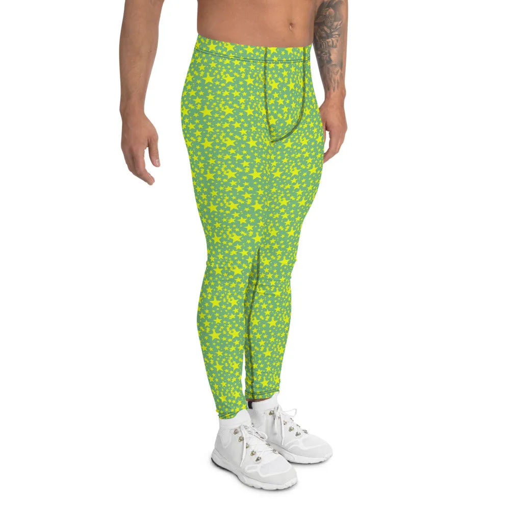 Green Yellow Stars Meggings, Pastel Fun Starry Night Men's Leggings Run Tights-Made in USA/EU