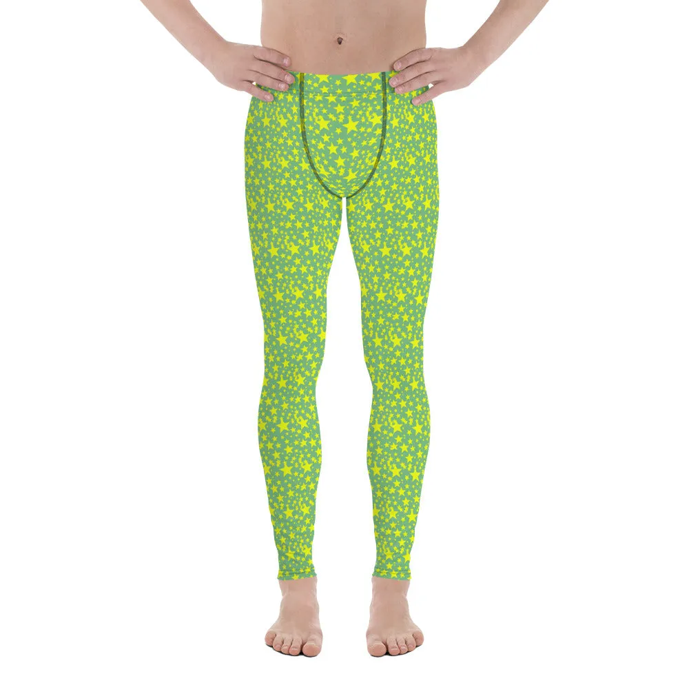 Green Yellow Stars Meggings, Pastel Fun Starry Night Men's Leggings Run Tights-Made in USA/EU