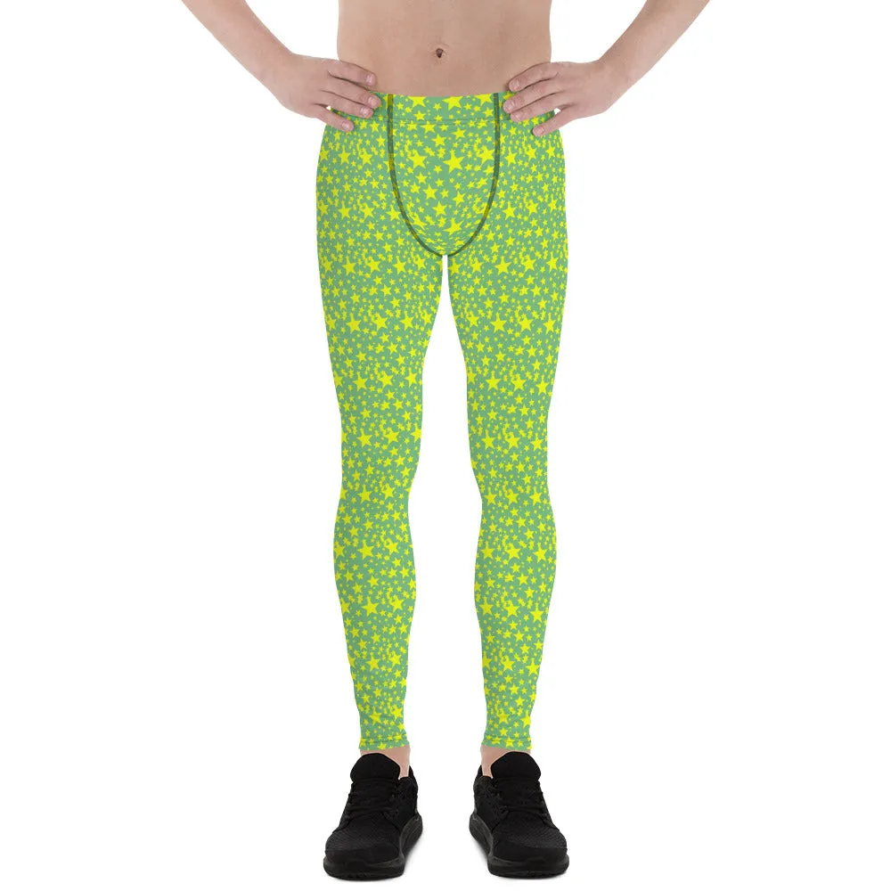 Green Yellow Stars Meggings, Pastel Fun Starry Night Men's Leggings Run Tights-Made in USA/EU