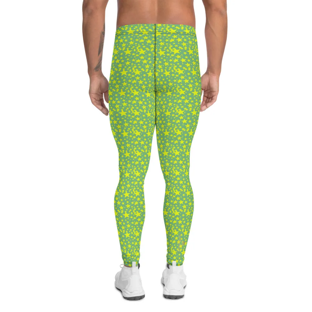 Green Yellow Stars Meggings, Pastel Fun Starry Night Men's Leggings Run Tights-Made in USA/EU