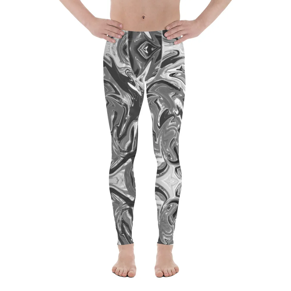 Grey Marble Printed Men's Leggings, Marbled Pattern Designer Meggings Compression Tights-Made in USA/EU