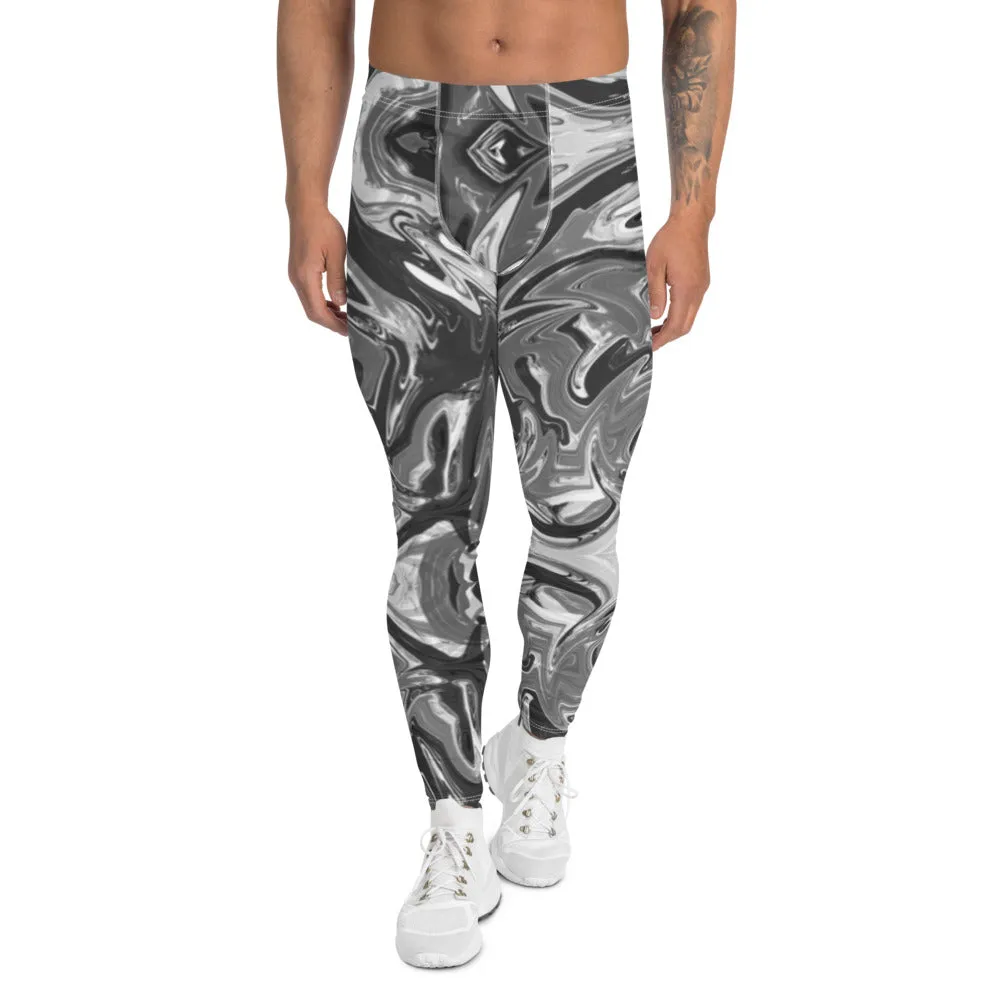 Grey Marble Printed Men's Leggings, Marbled Pattern Designer Meggings Compression Tights-Made in USA/EU