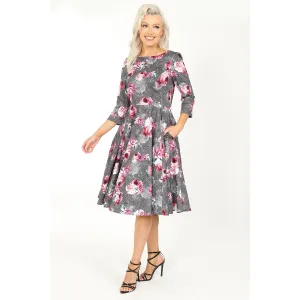 Grey Pink Floral Print 50 3/4 Sleeve Swing Tea Dress With Pockets