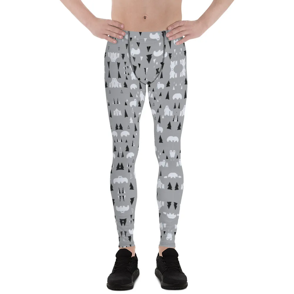 Grey Polar Bear Christmas Meggings, Light Gray Party Holiday Tights Special Men's Leggings