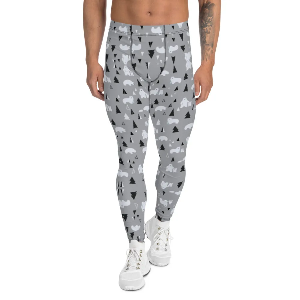 Grey Polar Bear Christmas Meggings, Light Gray Party Holiday Tights Special Men's Leggings