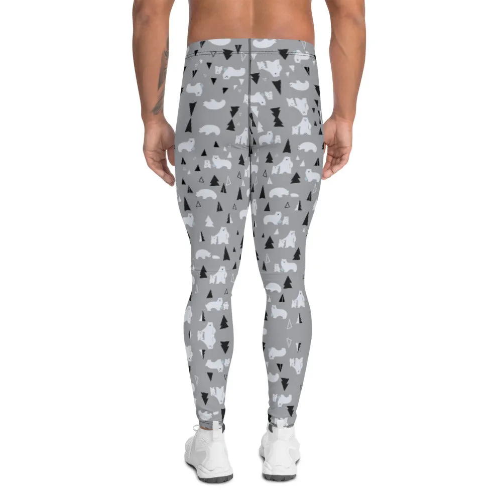 Grey Polar Bear Christmas Meggings, Light Gray Party Holiday Tights Special Men's Leggings