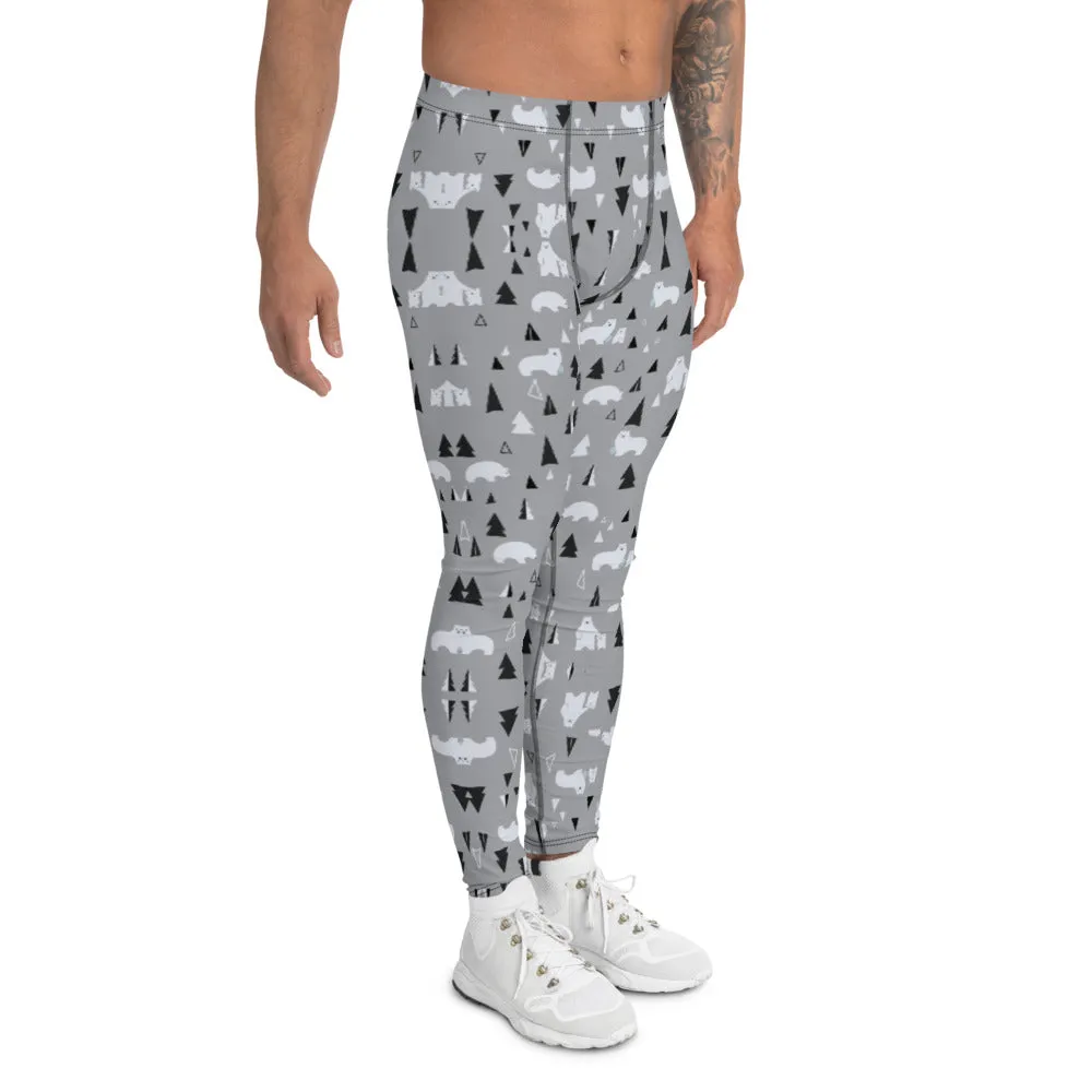 Grey Polar Bear Christmas Meggings, Light Gray Party Holiday Tights Special Men's Leggings