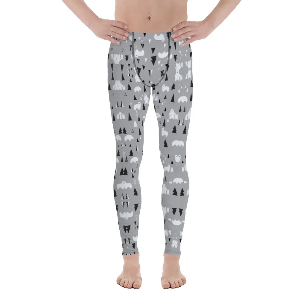 Grey Polar Bear Christmas Meggings, Light Gray Party Holiday Tights Special Men's Leggings