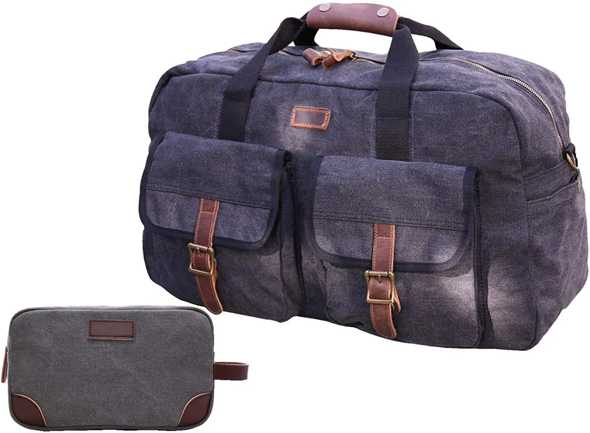 IBLX™ Men's Vintage Canvas Travel Duffle Tote Weekend Gym Bag w/ Leather Trim