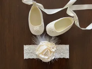 Ivory or White Baptism Crib Shoes & Rhinestone Headband Set