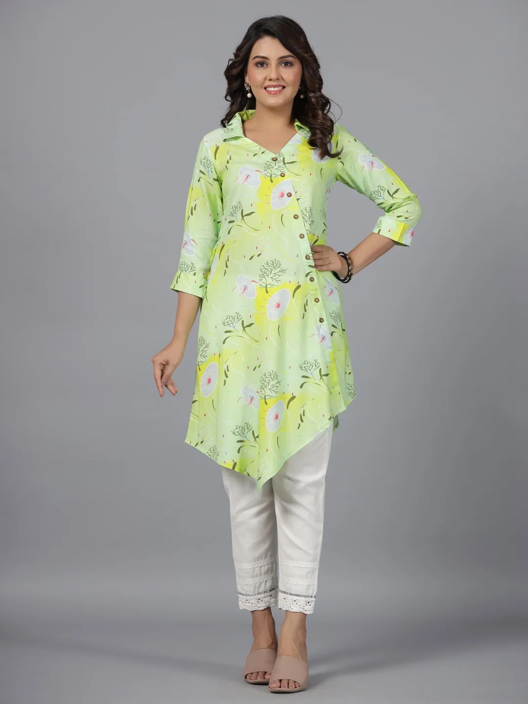 Juniper Lime Green Women Rayon Aquatic Printed & Asymmetric Kurta