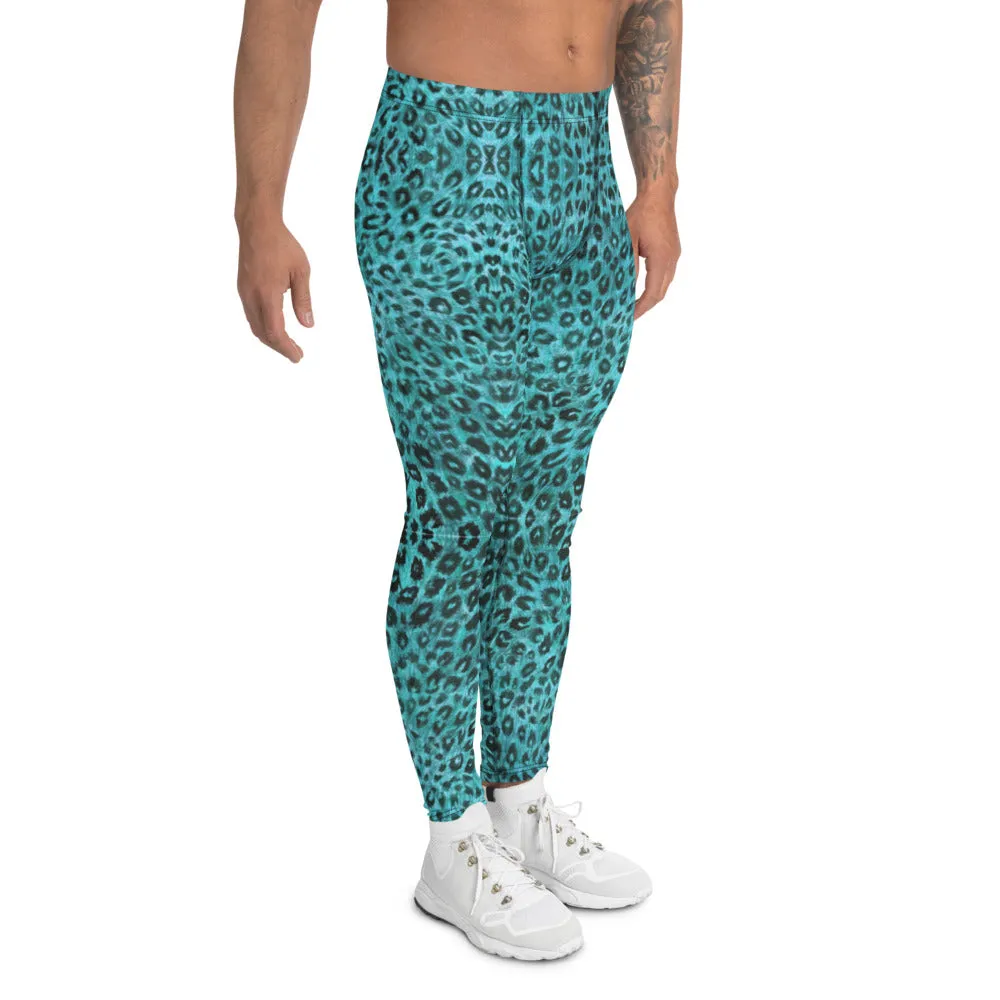 Light Blue Leopard Men's Leggings, Animal Print Meggings Compression Tights-Made in USA/EU