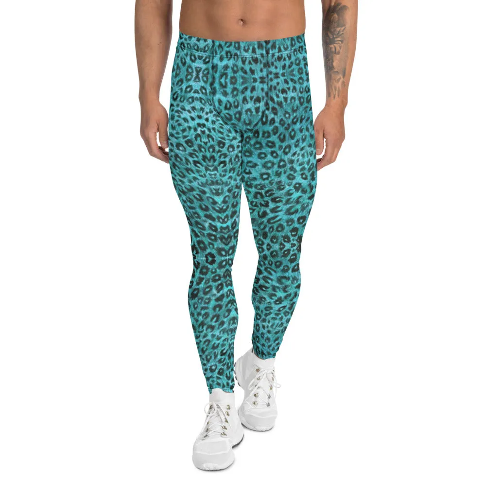 Light Blue Leopard Men's Leggings, Animal Print Meggings Compression Tights-Made in USA/EU