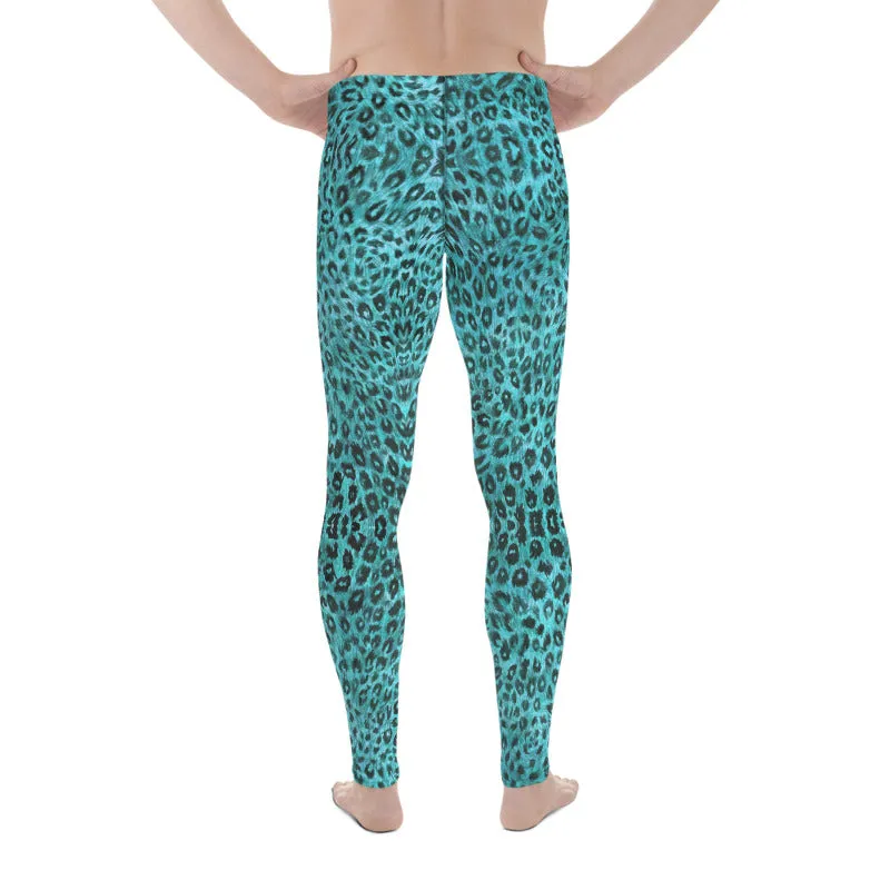 Light Blue Leopard Men's Leggings, Animal Print Meggings Compression Tights-Made in USA/EU