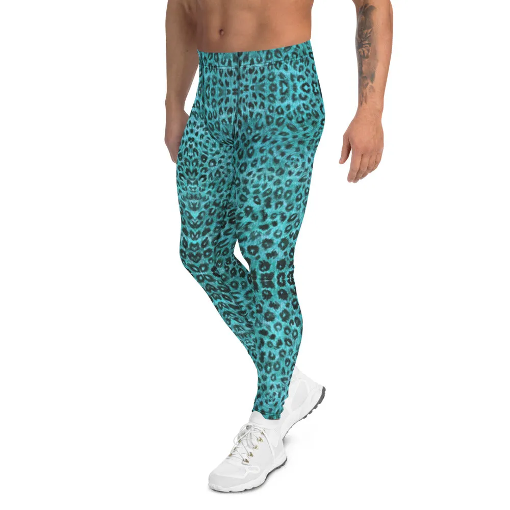 Light Blue Leopard Men's Leggings, Animal Print Meggings Compression Tights-Made in USA/EU