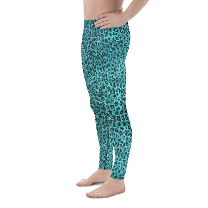 Light Blue Leopard Men's Leggings, Animal Print Meggings Compression Tights-Made in USA/EU