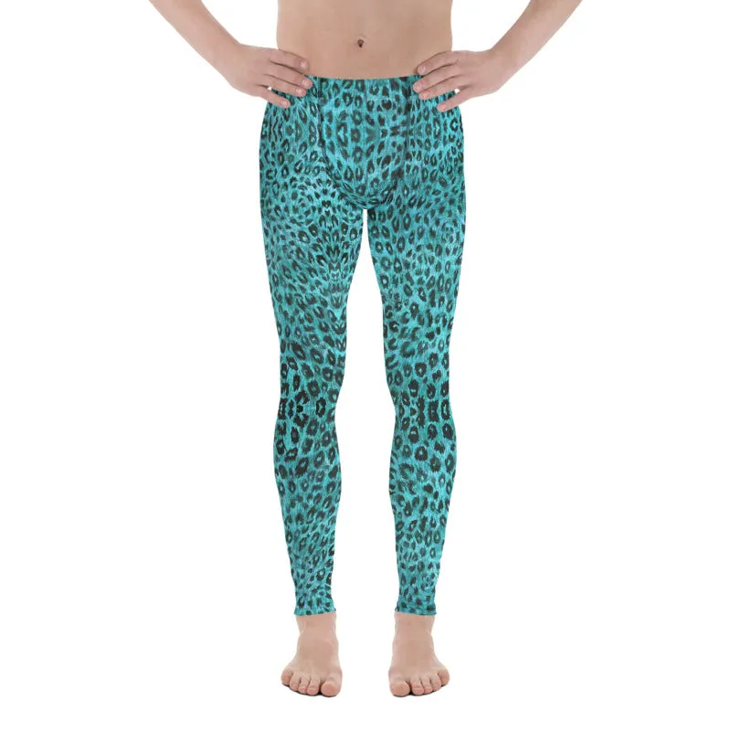 Light Blue Leopard Men's Leggings, Animal Print Meggings Compression Tights-Made in USA/EU